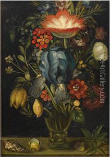 A Still Life With Various 
Flowers In A Roemer Together With Shells And A Violet On A Ledge Oil Painting - Ambrosius the Elder Bosschaert