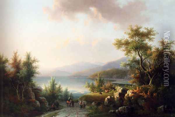 A Wooded Hilly Landscape With Travellers On A Track Near A Lake Oil Painting - Willem De Klerk