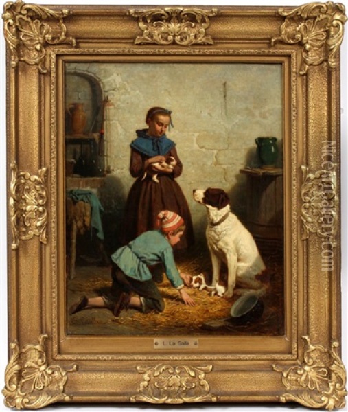 Children With Mother Dog & Pups Oil Painting - Louis Simon Cabaillot Lassalle