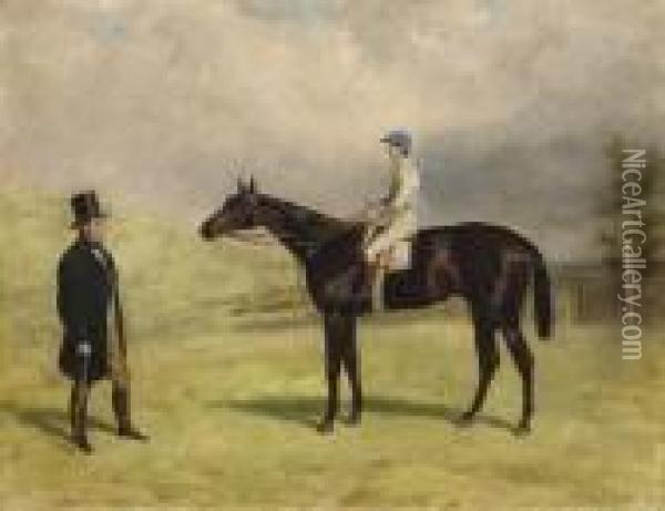 Bacchus, With Jockey Up, And His Trainer Captain Jamesmachell Oil Painting - Harry Hall