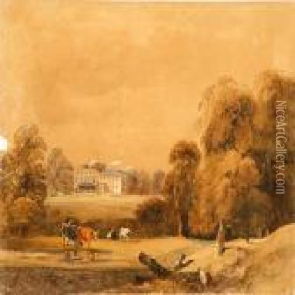 Cows In A Park In Front Of A Manor House Oil Painting - Joseph Mallord William Turner
