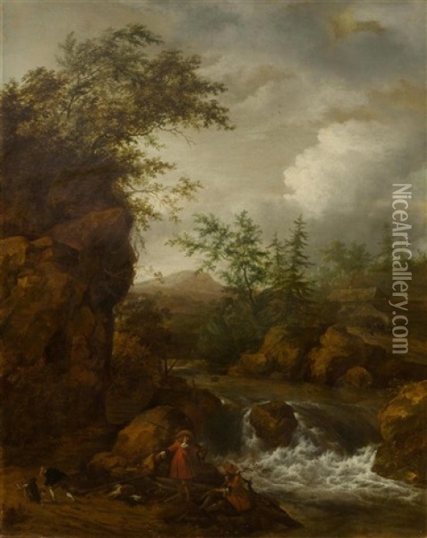 Mountain Landscape With Waterfall And Figures Oil Painting - Jacob Van Ruisdael