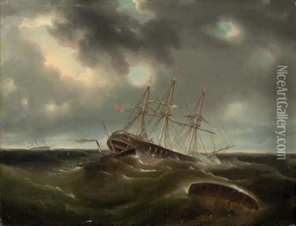 The Merchant Ship Lockwoods 
Caught In A Gale Off Liverpool, A Paddle Tug Arriving To Assist Oil Painting - James E. Buttersworth