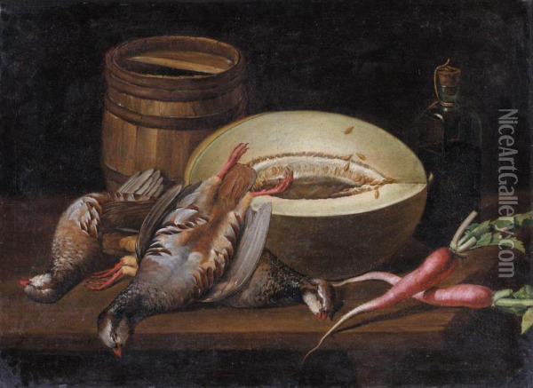 Still Life With A Melon, Radishes, Partridges , A Small Barrel And A Bottle Of Wine On A Wooden Table Oil Painting - Jose Lopez-Enguidanos
