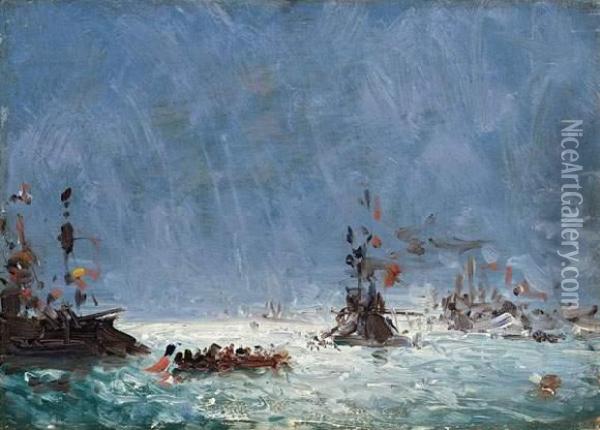 Bateaux De Guerre Dans La Rade De Villefanche. Oil Painting - Felix Ziem