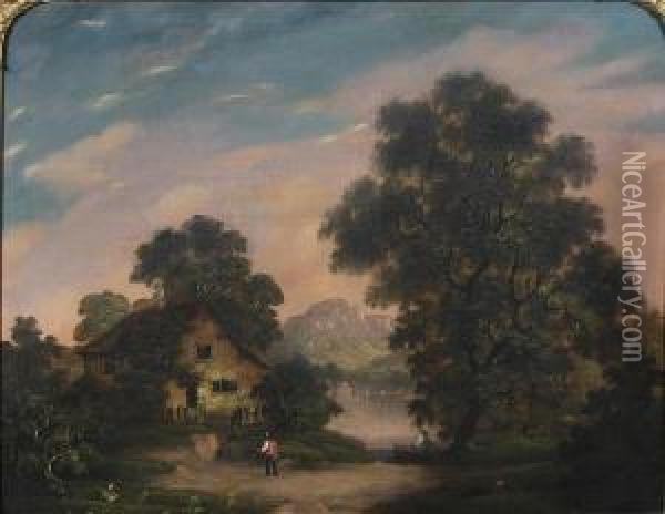 Cottage By A Wooded Lake Oil Painting - Robert, Reverend Woodley-Brown