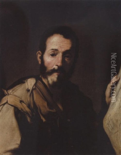 Portraet Af Mand I Folderig Dragt, I Hojre Hand Holder Han Papir Med Geometriske Figurer Oil Painting - Jusepe de Ribera