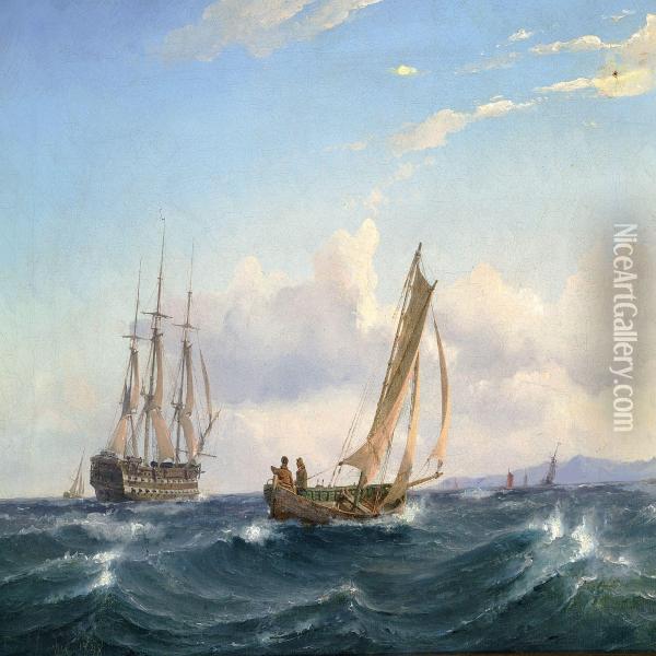 A Dinghy And A Ship Of The Line Off Kullen, Sweden Oil Painting - Carl Frederick Sorensen