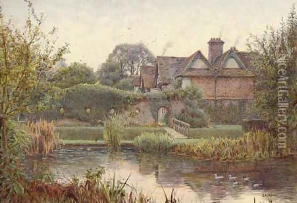 Across the moat, Great Langley Manor Oil Painting - Ernest Arthur Rowe