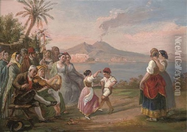 Young Dancers Overlooking The Bay Of Naples Oil Painting - Raffaele Carelli