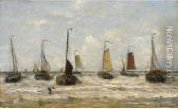 Bomschuiten In The Breakers Oil Painting - Hendrik Willem Mesdag