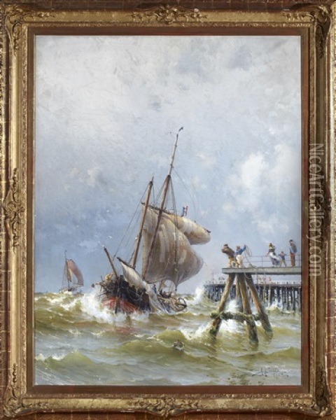 Segelfartyg Vid Pir Oil Painting - Herman Gustav af Sillen