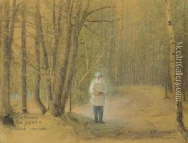 Leo Tolstoy In The Zakaz Forest Oil Painting - Ivan Pavlovich Pokhitonov