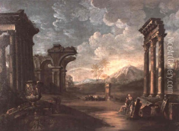 Roman Capriccio With Ruins And Figures Oil Painting - Giovanni Paolo Panini