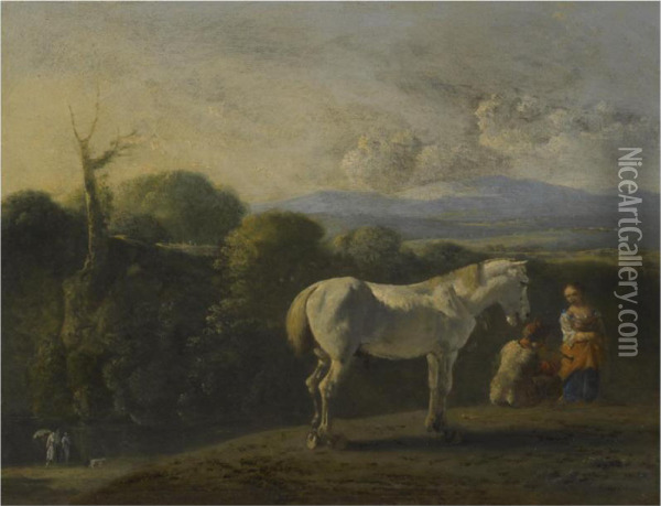 A Landscape With A White Horse And Travellers, A River Beyond, Possibly Tobias And The Angel Oil Painting - Bartholomeus Engels