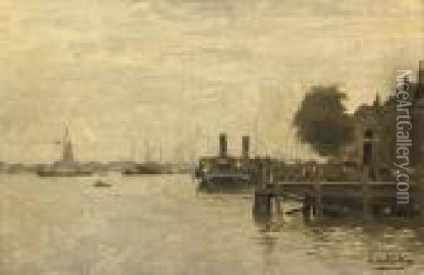 A Jetty In The River Maas, Dordrecht Oil Painting - Johannes Christiaan Karel Klinkenberg