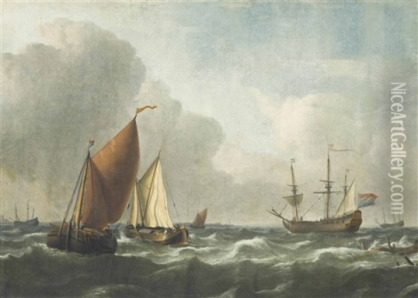 A Large Dutch Man-o'war Anchored Offshore In A Stiffening Breeze Oil Painting - Ludolf Bakhuyzen the Elder