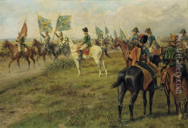 Battle Of Jena, Saluting The Trophies Of War Oil Painting - William Barnes Wollen