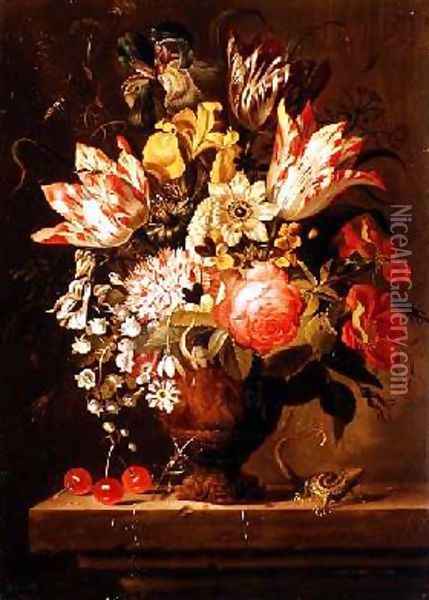 Still Life of Flowers in a Vase with a Lizard on a Ledge Oil Painting - Jacob Marrel