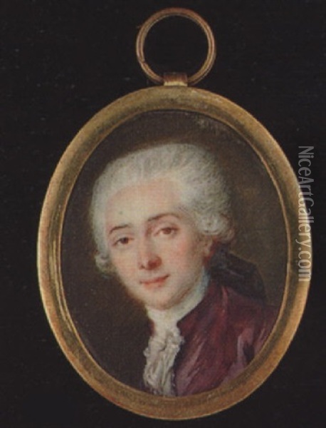 A Gentleman, His Powdered Hair En Queue, Wearing Purple Coat And White Lace Cravat Oil Painting - Francois Dumont