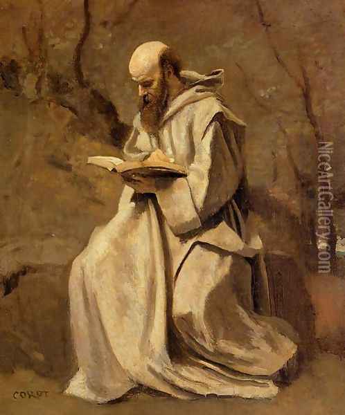 Monk in White, Seated, Reading Oil Painting - Jean-Baptiste-Camille Corot