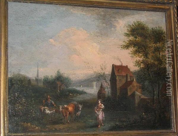 River Landscape With Figures, Cattle And Buildings Oil Painting - Joseph van Bredael