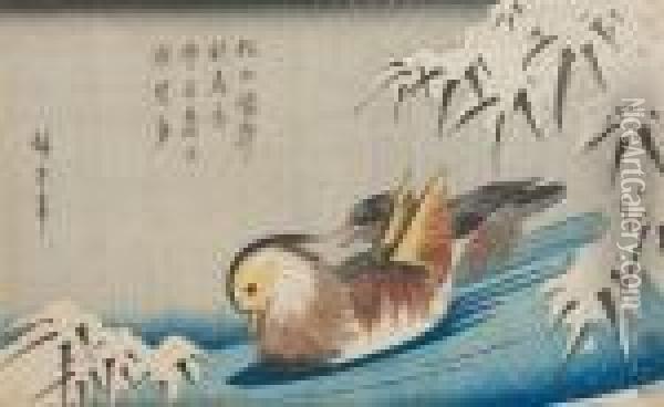 Un Couple De Canards Mandarins Nageant Dans Un Paysagede Neige Oil Painting - Utagawa or Ando Hiroshige