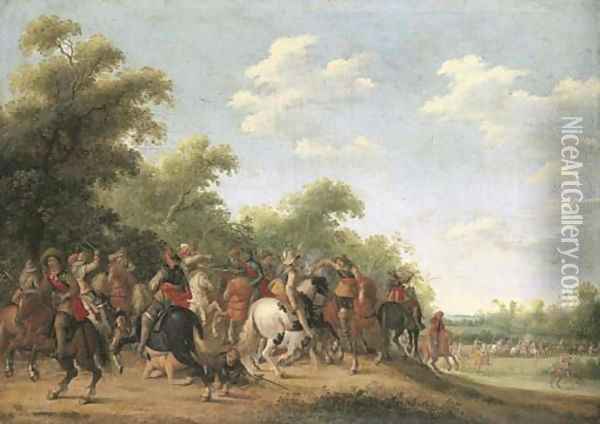 A wooded landscape with a cavalry skirmish Oil Painting - Joost Cornelisz. Drooghsloot