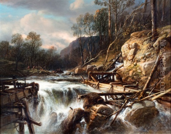 Waterval Bij Een Gebroken Dam, Mogelijk In Noorwegen Oil Painting - Jacob Jacobs