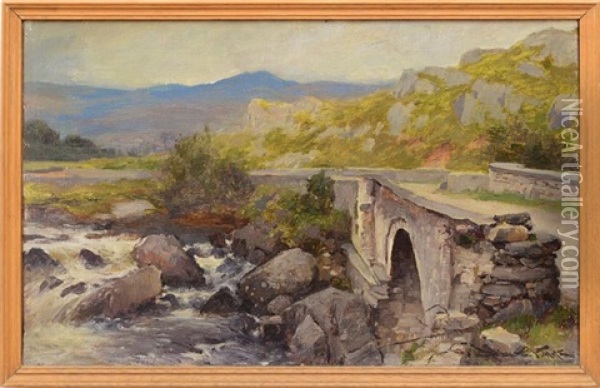 Bridge Over A Roaring Stream Oil Painting - Augustus William Hare