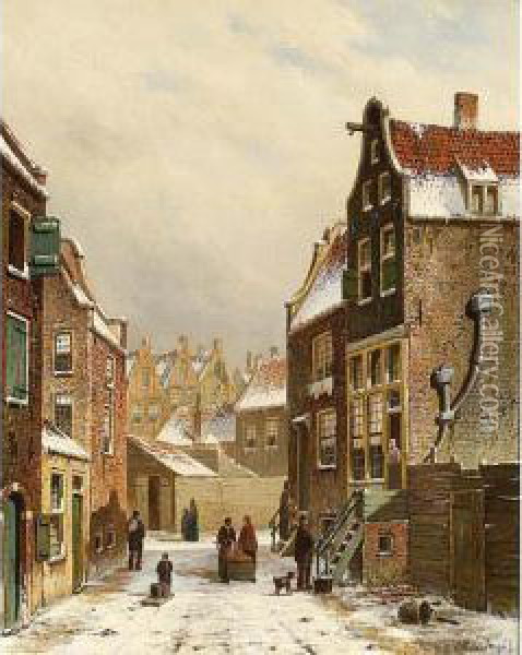 Villagers In A Snowy Dutch Town Oil Painting - Oene Romkes De Jongh