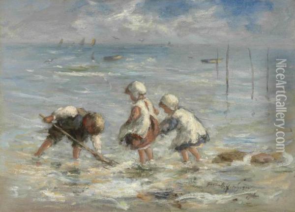 Children At The Water's Edge Oil Painting - Robert Gemmell Hutchison