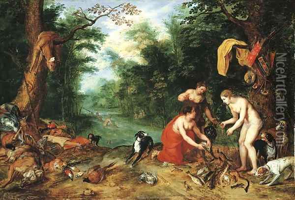 Diana and her nymphs inspecting their catch after the hunt Oil Painting - Jan Brueghel the Younger