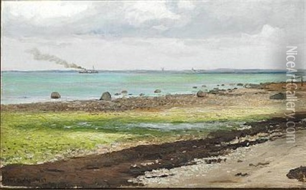 Beach Scene, Nordsjaelland, In The Background The Coast Of Sweden Oil Painting - Carl Ludvig Thilson Locher