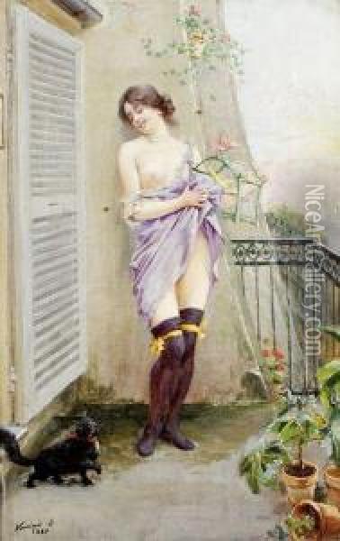 Femme En Neglige Mauve Au Balcon Oil Painting - S. Voisinot