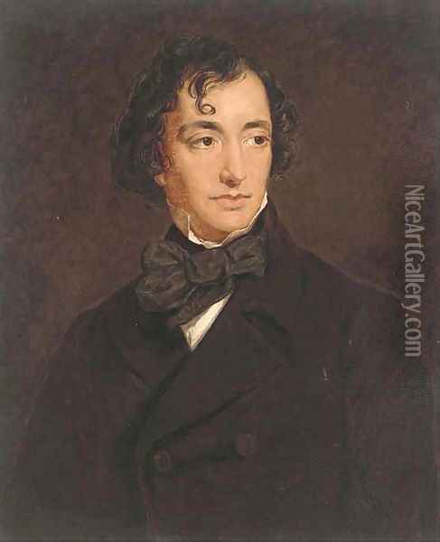 Portrait of Benjamin Disraeli (1804-1881), Earl of Beaconsfield, quarter-length, in a black jacket Oil Painting - Sir Francis Grant