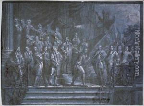 Procession Of Dignitaries Being Greeted At A Dock Oil Painting - Sir James Thornhill