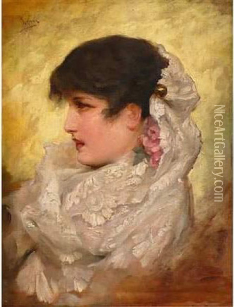 Portrait D'espagnole De Profil. Oil Painting - Francisco Inglada