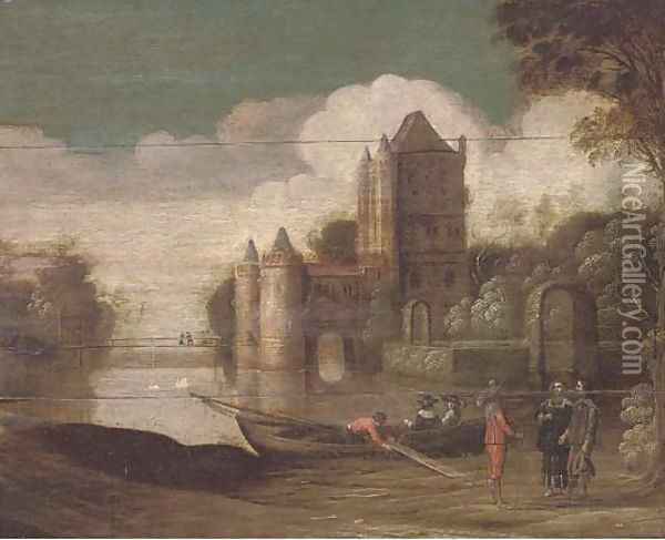 A landscape with a moated castle and gentlemen conversing by a boat Oil Painting - Christoph Jacobsz. Van Der Lamen
