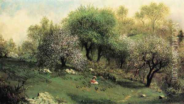 Girl On A Hillside Apple Blossoms Oil Painting - Martin Johnson Heade
