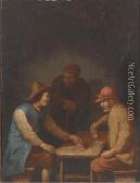 Peasants Playing Cards In An Interior Oil Painting - Hubert Van Ravesteijn