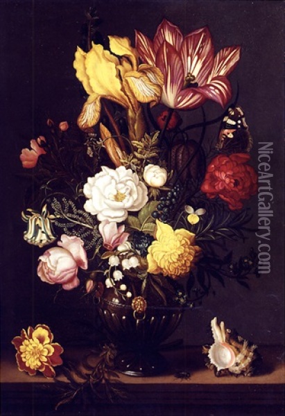 A Tulip, A Yellow Iris, A Sprig Of Moss Rose, A Snake's Head Fritillery, Roses, Peonies, Forget-me-not, Lily Of The Valley And Other Blooms In A Bronze Vase With Gilt Mounts, On A Ledge Oil Painting - Ambrosius Bosschaert the Younger