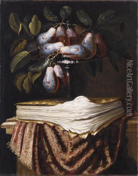 Prugne In Un'alzata, Con Libro Su Un Piano Oil Painting - Carlo Manieri