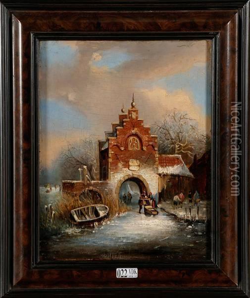Paysage Hivernal Aux Patineurs Oil Painting - Cornelis Kimmel