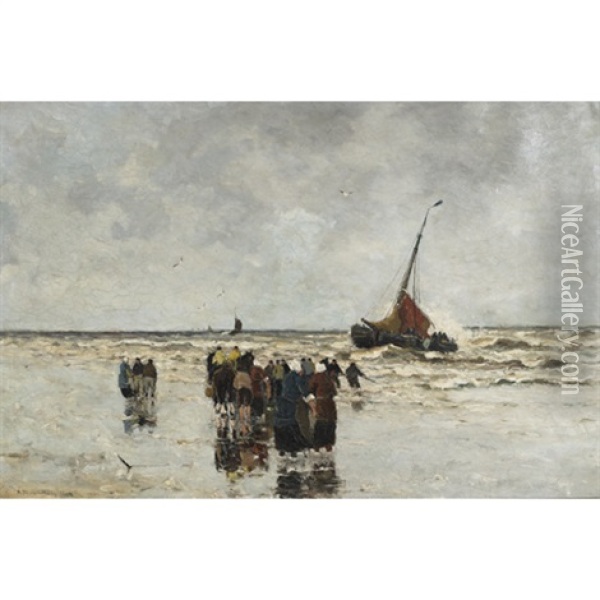 Fisherfolk On The Beach Hauling In The Day's Catch Oil Painting - Gerhard Arij Ludwig Morgenstjerne Munthe