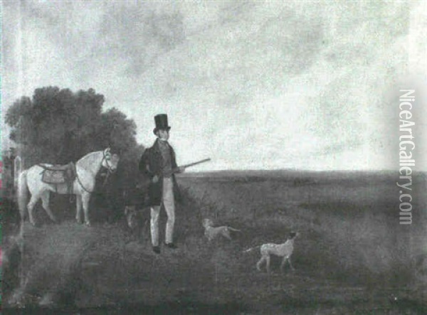 A Gentleman Sportsman With His Dogs In A Landscape Oil Painting - James Loder Of Bath