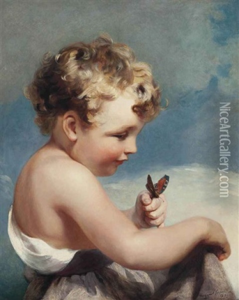 A Child Holding A Butterfly Oil Painting - Margaret Sarah Carpenter