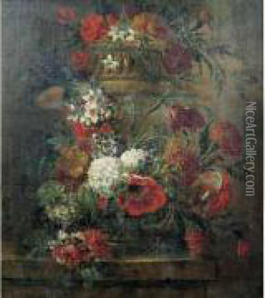 Vases De Fleurs Sur Des Entablements Oil Painting - Caspar Pieter I Verbrugghen