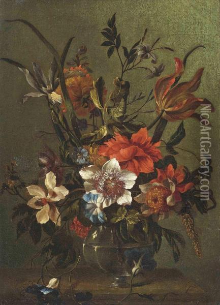 Tulips, Morning-glories, Peonies And Other Flowers In A Glass Vase On A Stone Ledge Oil Painting - Nicolas Baudesson