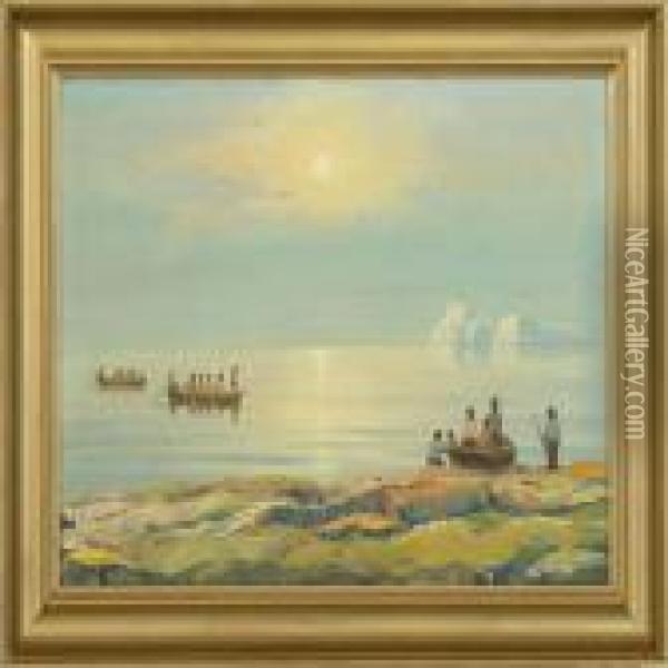 A Scene From Greenland With Boats And Figures In The Sunlight Oil Painting - Emanuel A. Petersen